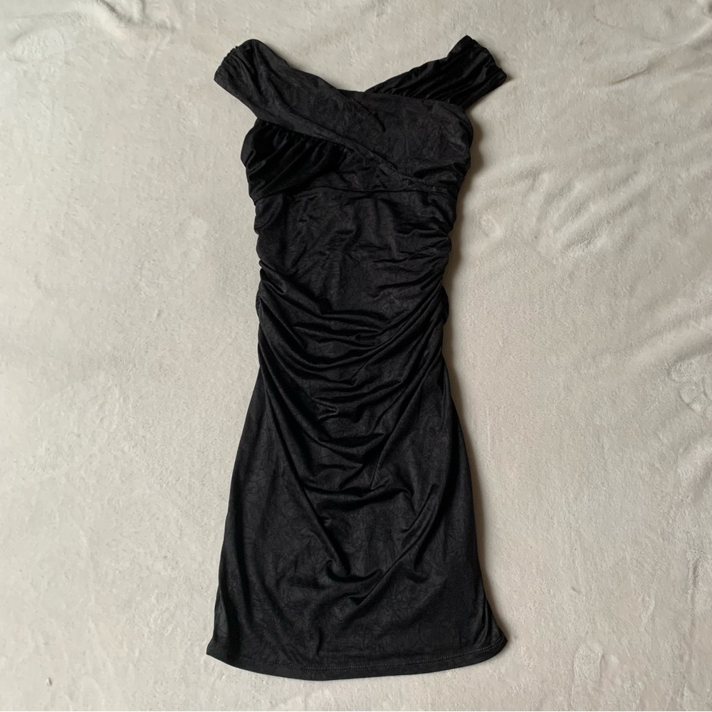 Y2k Guess Black Body Con Ruched Wide Neck Mini Dress Size XS